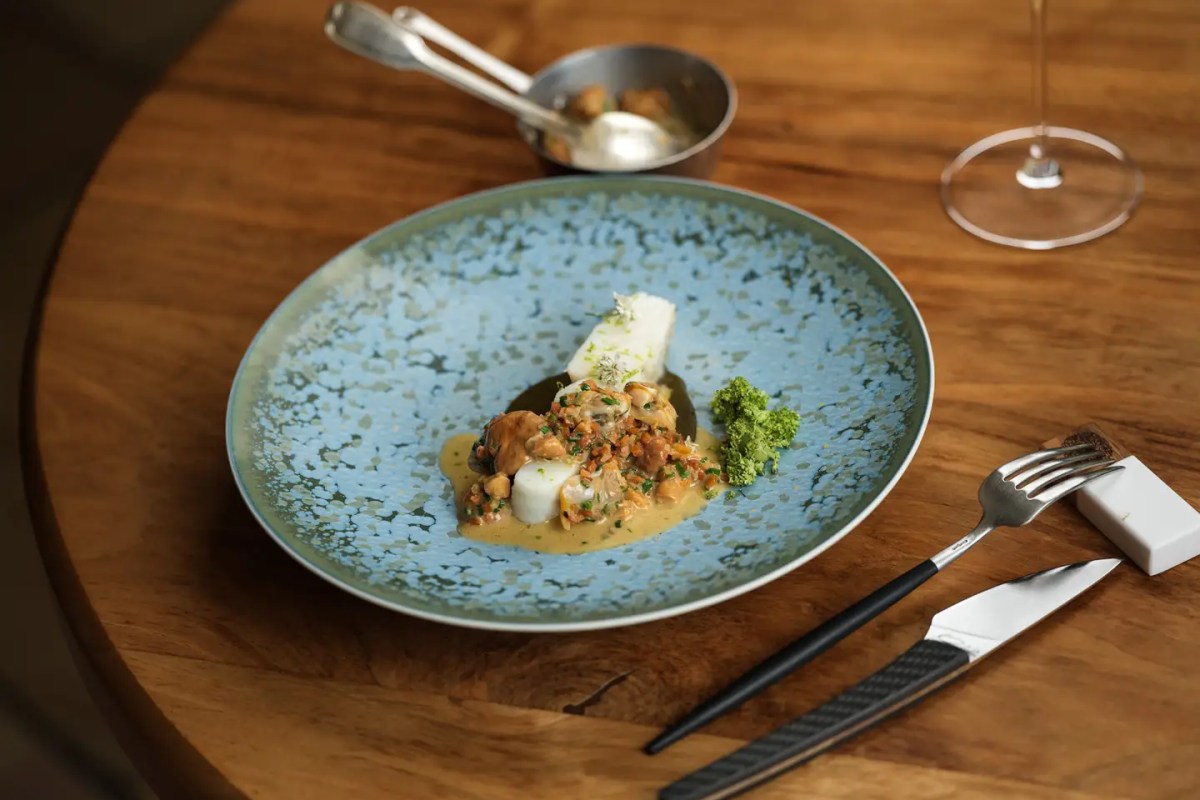 Plated gourmet dish with seafood and sauce on blue patterned plate