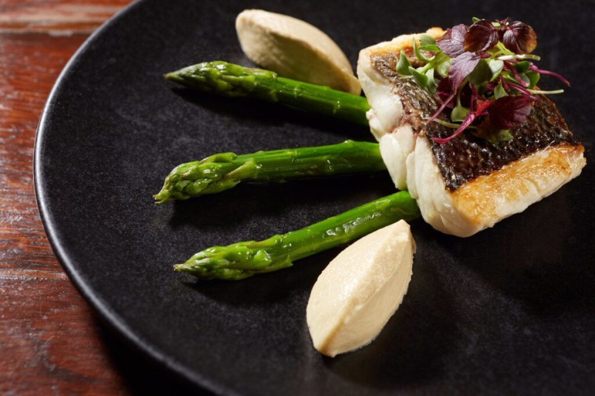 Plated fish fillet with asparagus spears and cream quenelles on a black plate