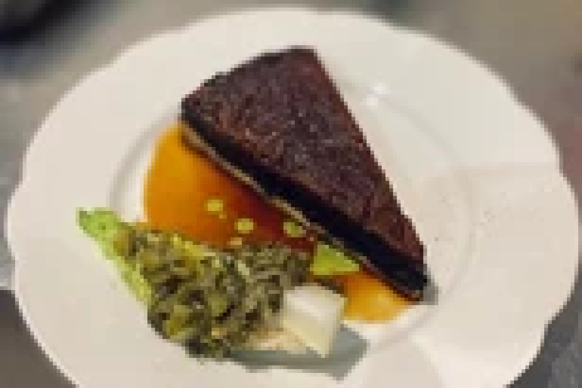 Elegant plated dish with dark seared element, orange puree, and green vegetables on white plate