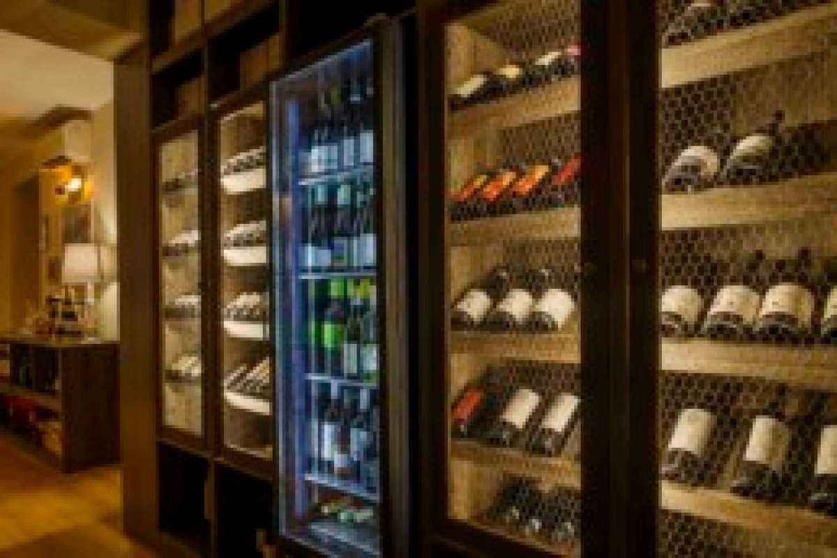 Wine cellar wall with illuminated glass-front wine cabinets and bottle storage