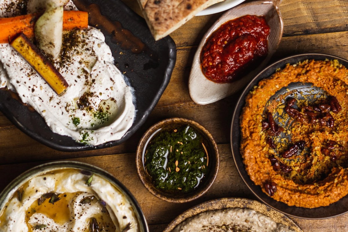Overhead view of Middle Eastern mezze spread with hummus, labneh, muhammara, zhug, and pita