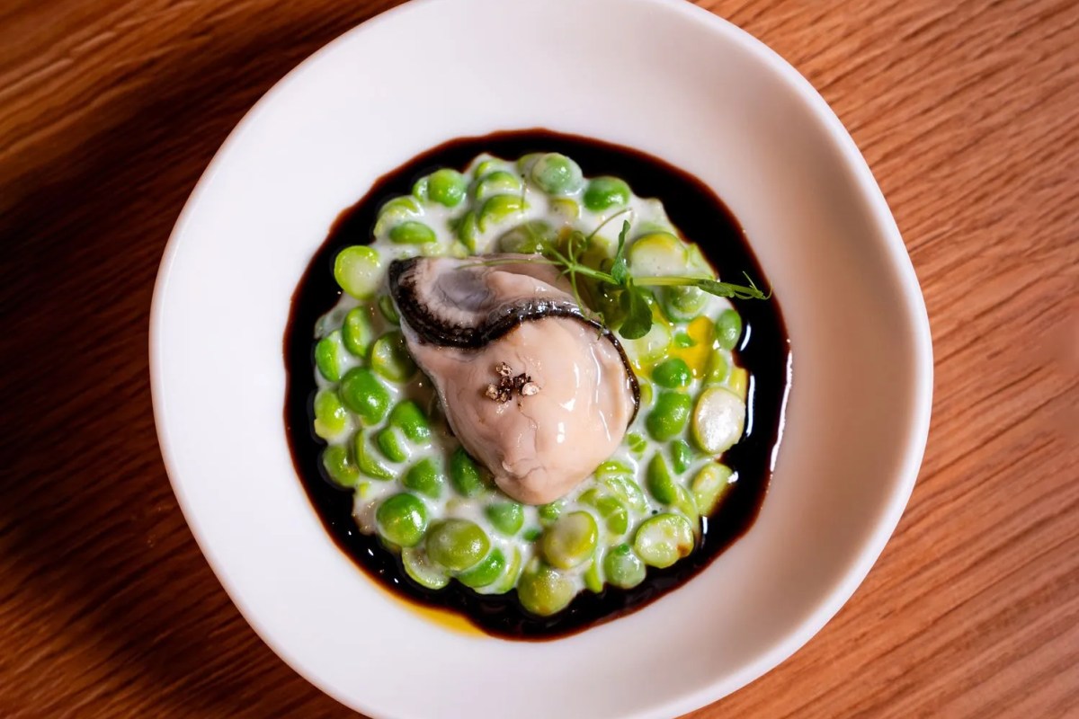 Close-up of a plated dish with a single oyster atop fava beans in cream sauce and dark glaze, on a wooden table.