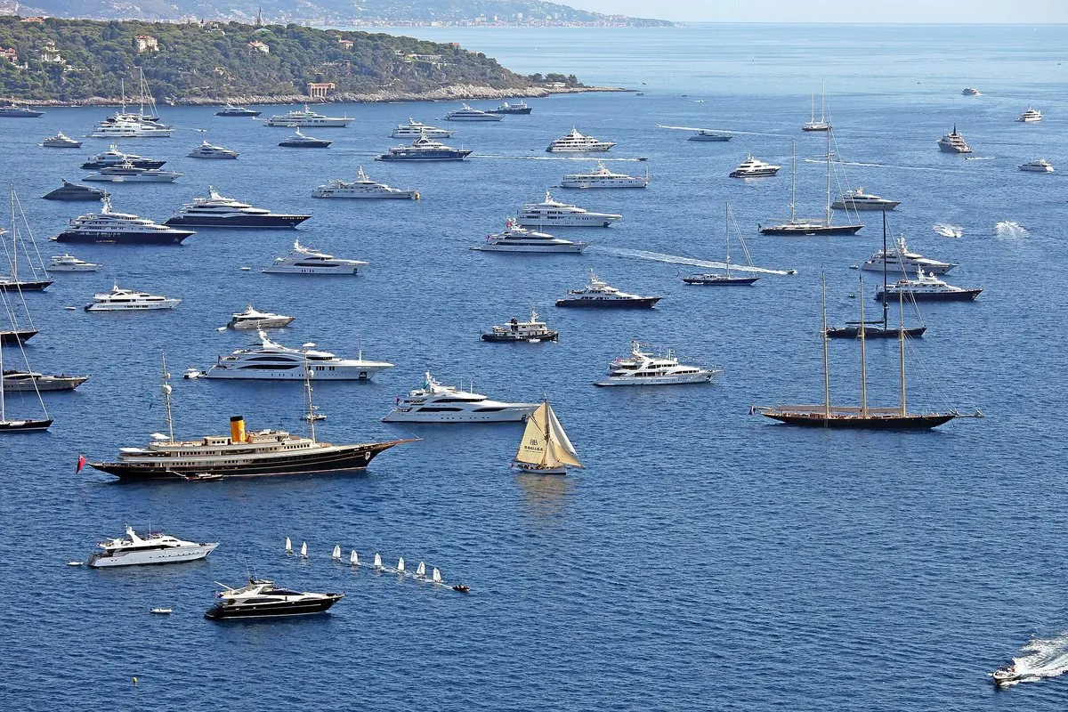 Yachts at anchor in the sea off Monaco during the Monaco Yacht Show