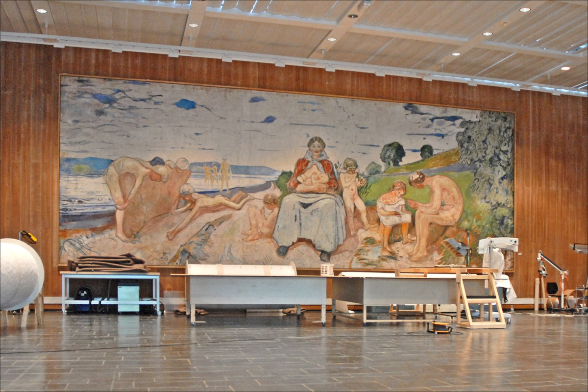 Restoration studio inside Munch Museum with a large mural painting on wall