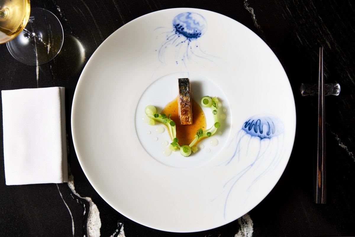 Overhead shot of a glazed fish fillet in broth with scallion garnish on a plate painted with blue jellyfish, chopsticks beside it