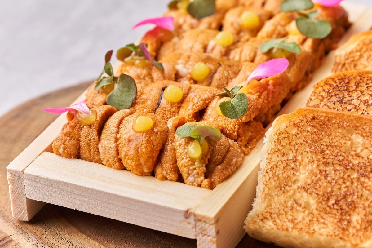 Uni (sea urchin) served on a wooden tray with toast and edible flowers