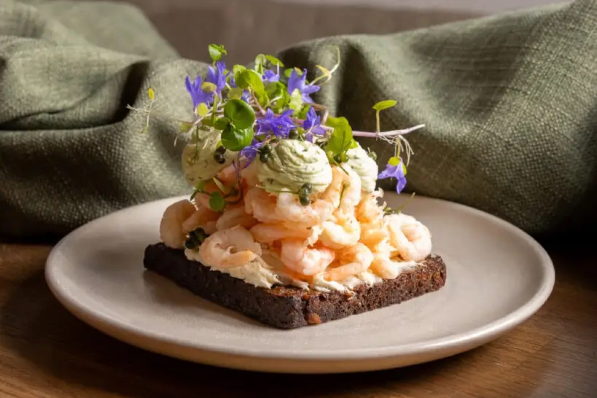 Open-faced shrimp sandwich on dark rye bread topped with herb cream, microgreens and edible flowers