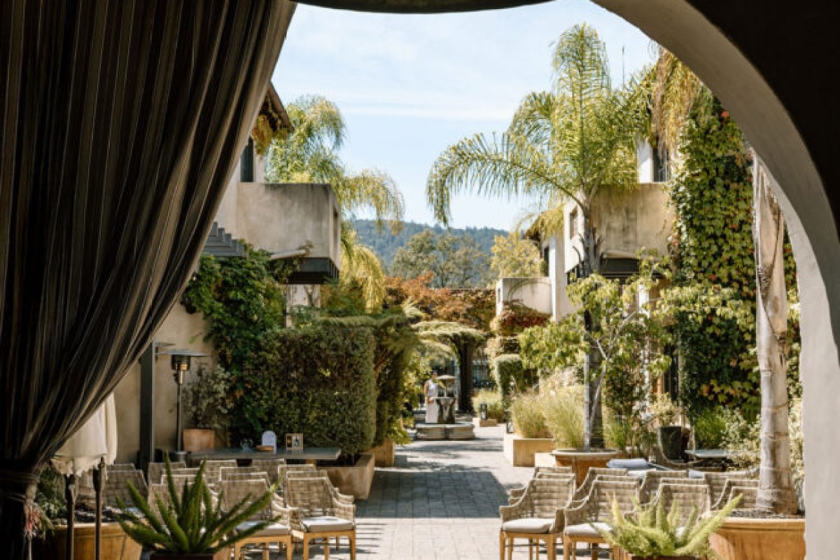 Courtyard view of North Block Hotel exterior with palm trees, stucco buildings, and outdoor seating.