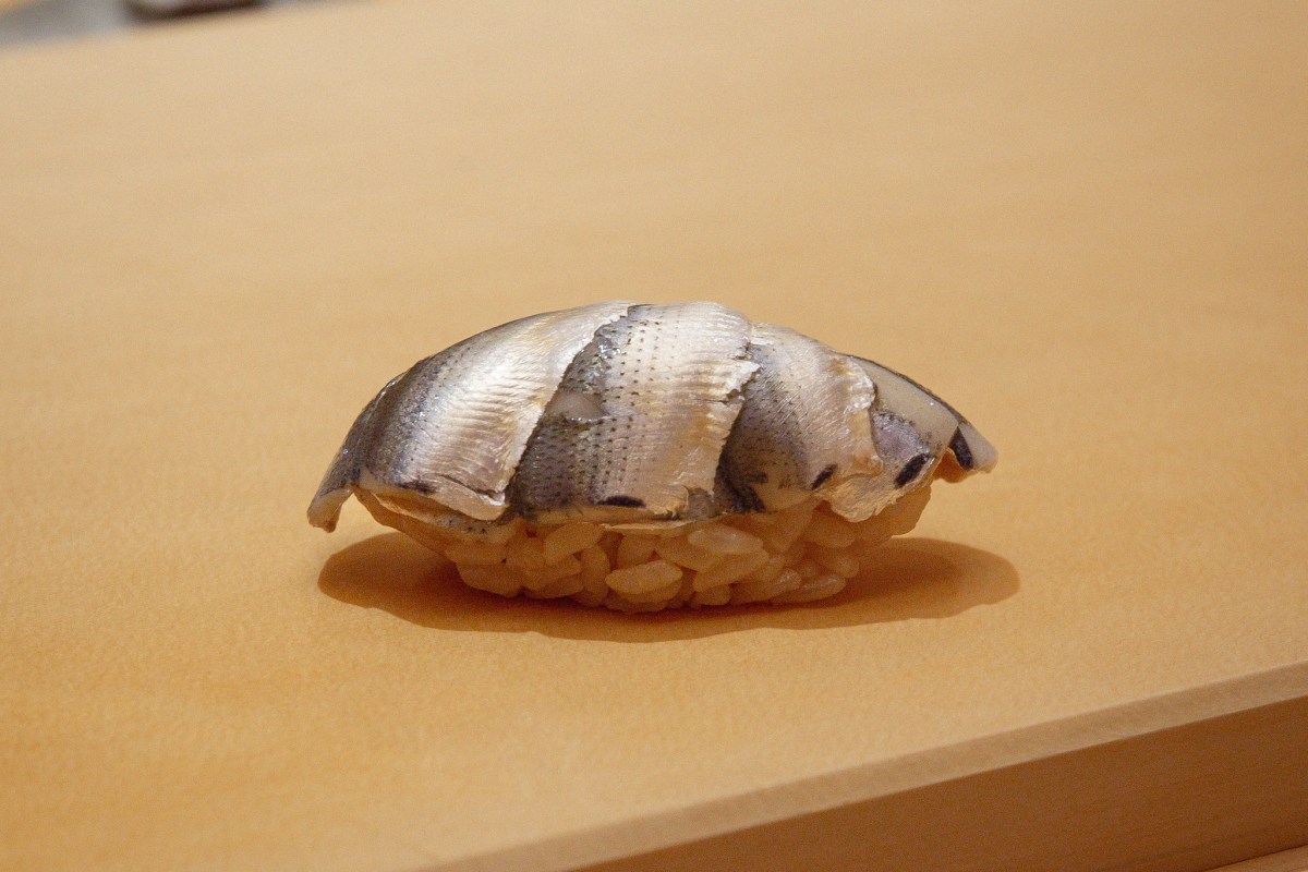 Close-up of a single piece of nigiri sushi topped with silvery fish on rice