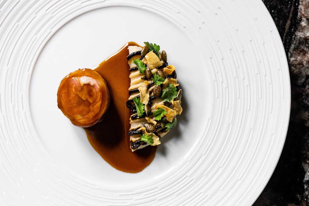 Gourmet plated dish with seared item, orange puree, and dark sauce on white plate.