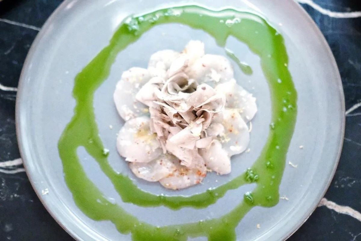 Overhead shot of a pale dish with thin slices and a swirl of green sauce on a grey plate