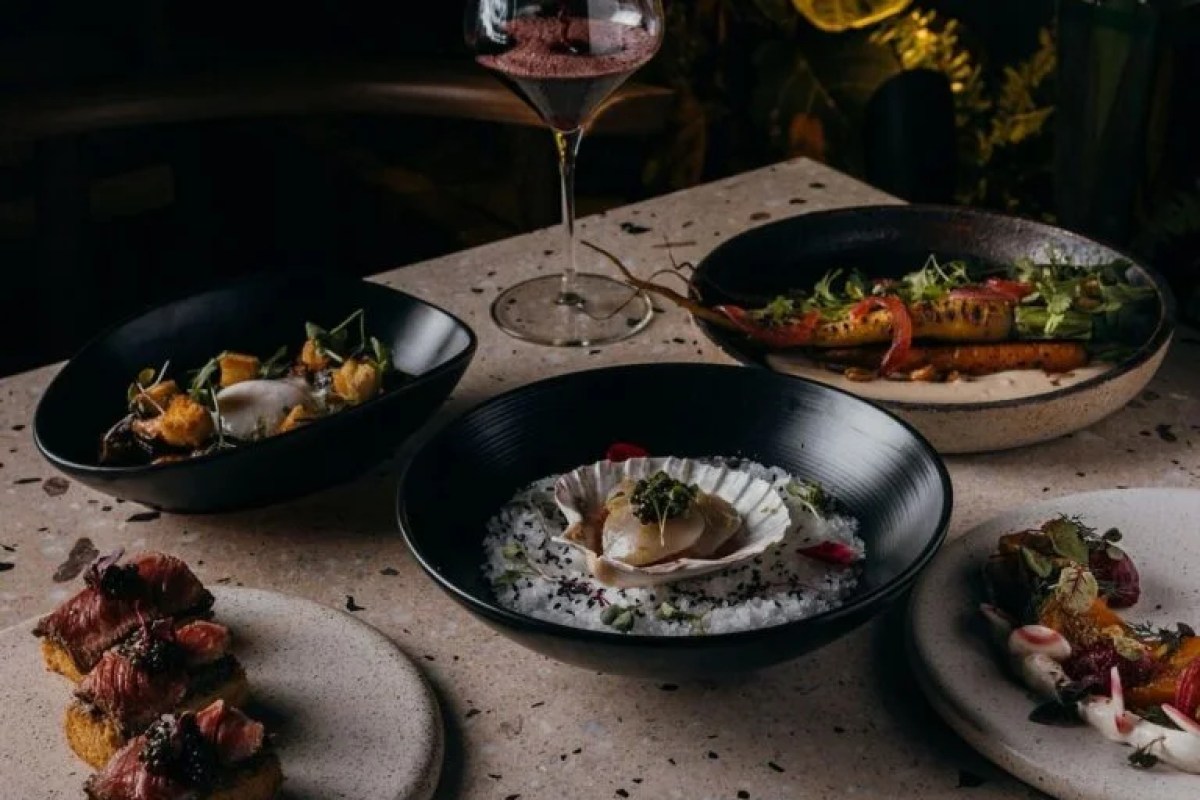 Table spread of plated dishes including scallop, steak bites, and vegetables with a glass of red wine at Ossobuco