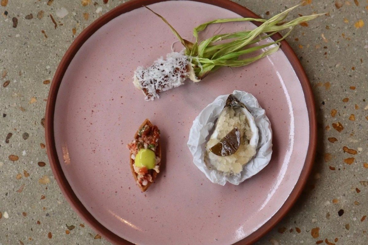 Pink plate with three small plated appetizers including an oyster and a garnished bite, on a speckled stone table