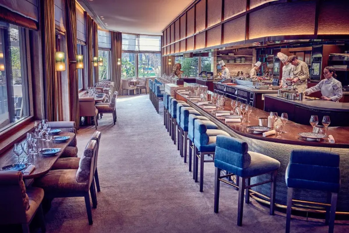 Elegant dining room with blue velvet barstools facing an open kitchen counter, large windows with garden view