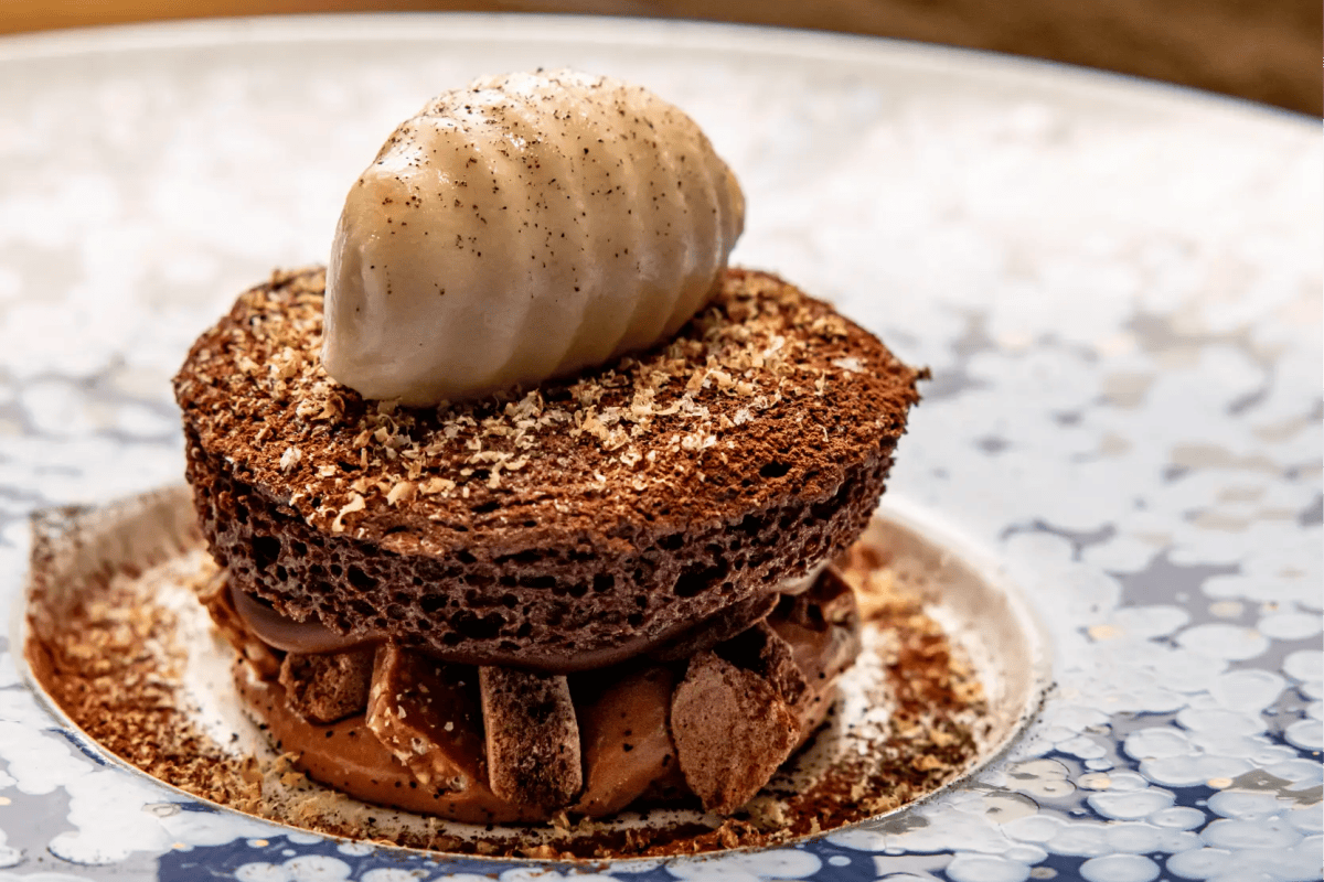 Elegant chocolate dessert with crumbly textured top and a pale quenelle, dusted with cocoa, on a marbled plate