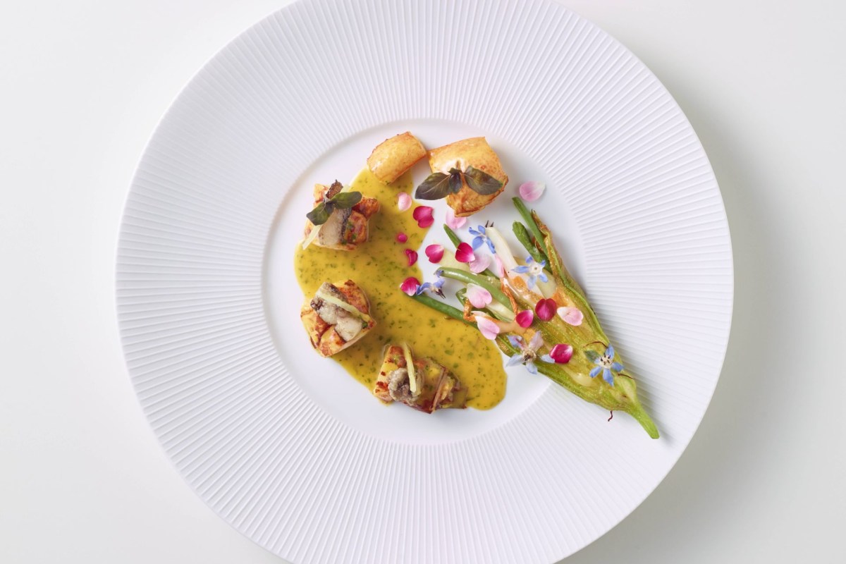 Plated dish with yellow sauce, zucchini flower, and edible flowers on white ridged plate