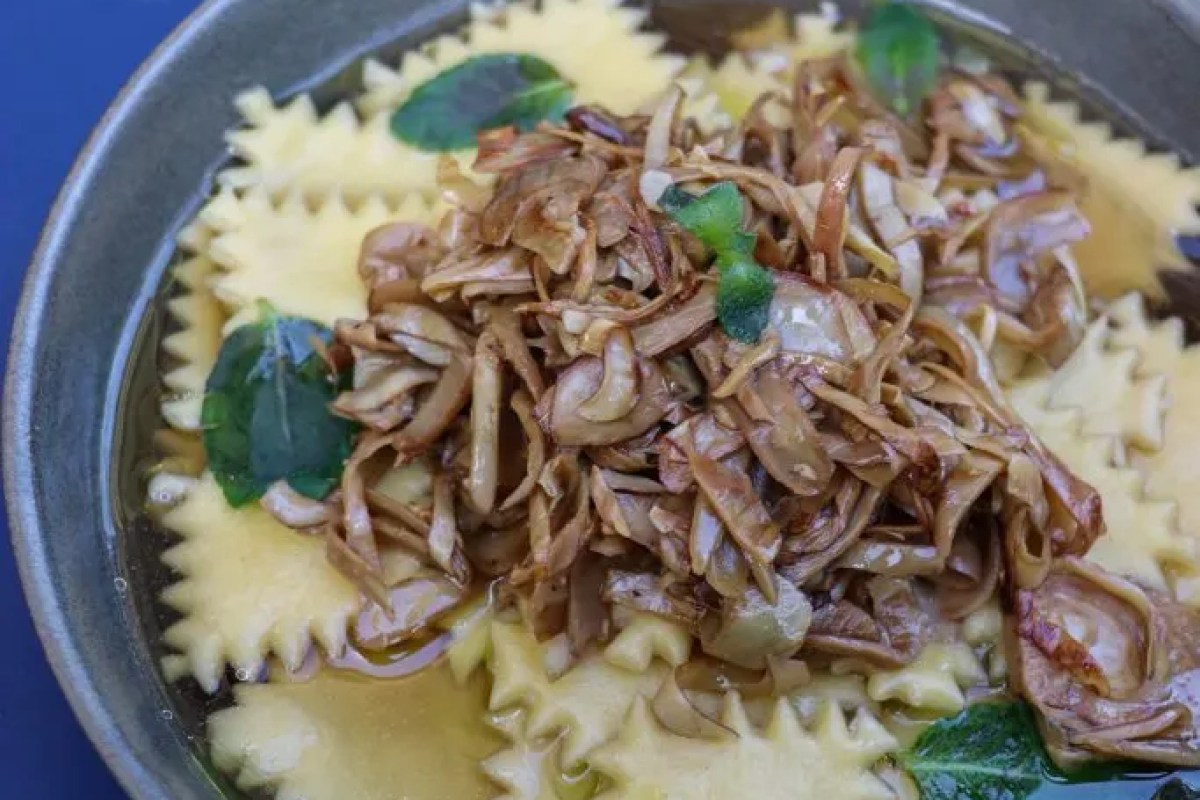 Close-up of pasta ravioli topped with sautéed mushrooms and herbs on a plate