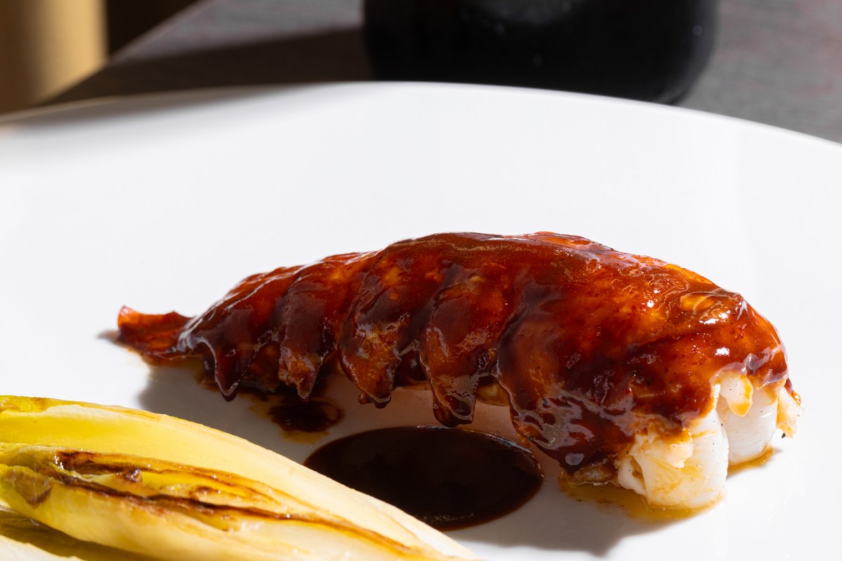 Plated seafood dish with glazed crustacean tail and grilled chicory on white plate