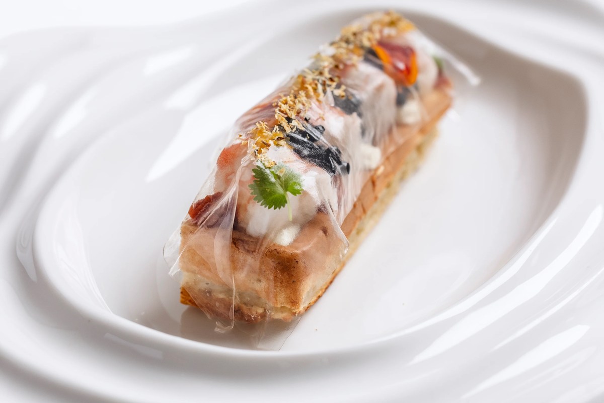 Plated terrine-style dish wrapped in gelatin with herbs on white plate