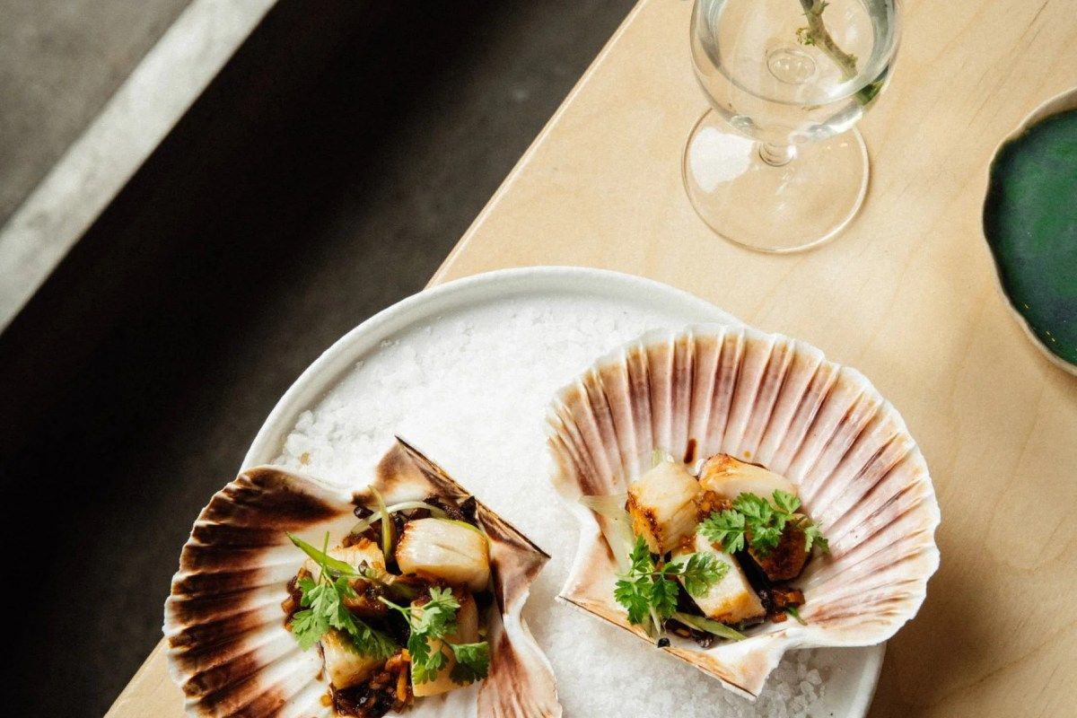 Scallops served in shells on a bed of salt, with a glass on a wooden table