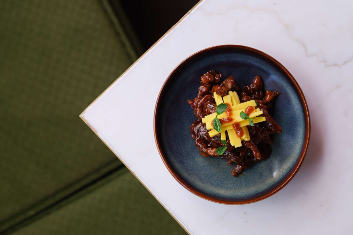 Overhead shot of a dish with glazed meat strips and julienned mango garnish on blue ceramic plate