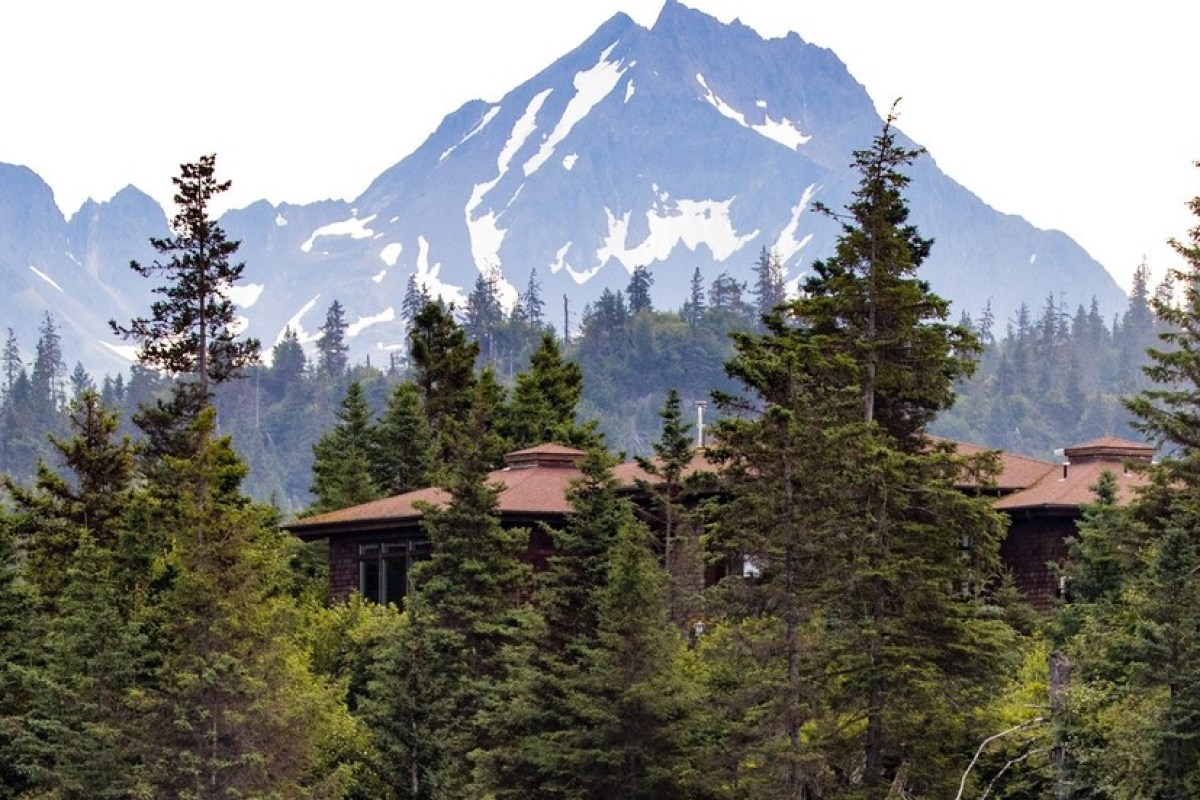 Stillpoint Lodge's cedar-shingled building nestled among spruce trees with a snow-capped mountain peak behind