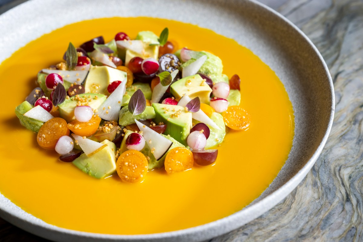 Plated dish with yellow sauce, avocado, radishes, grapes and herbs on marble table