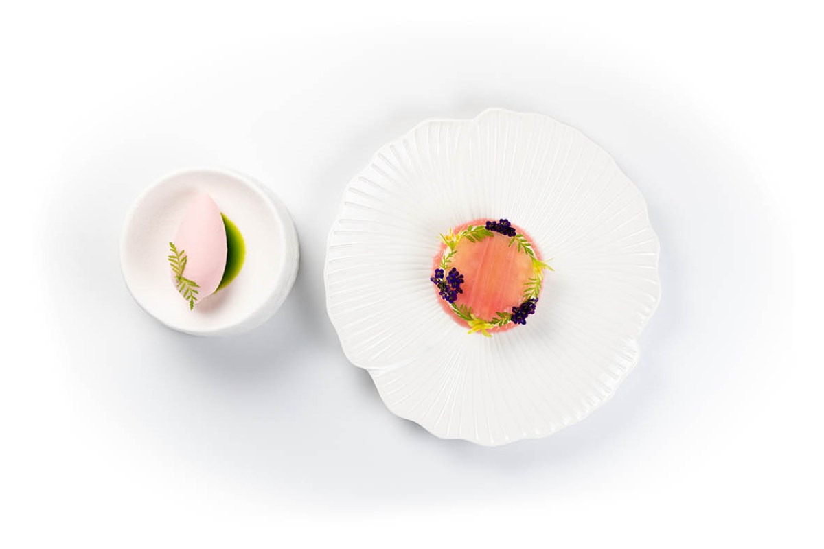 Two plated dishes on white background: a pink mousse in a bowl and a pink dish on a decorative white plate with caviar garnish