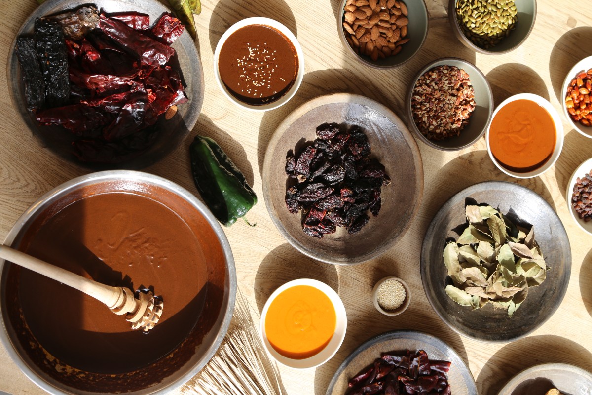 Overhead view of mole ingredients: dried chiles, nuts, seeds, bay leaves, and mole sauces in bowls on a wooden table