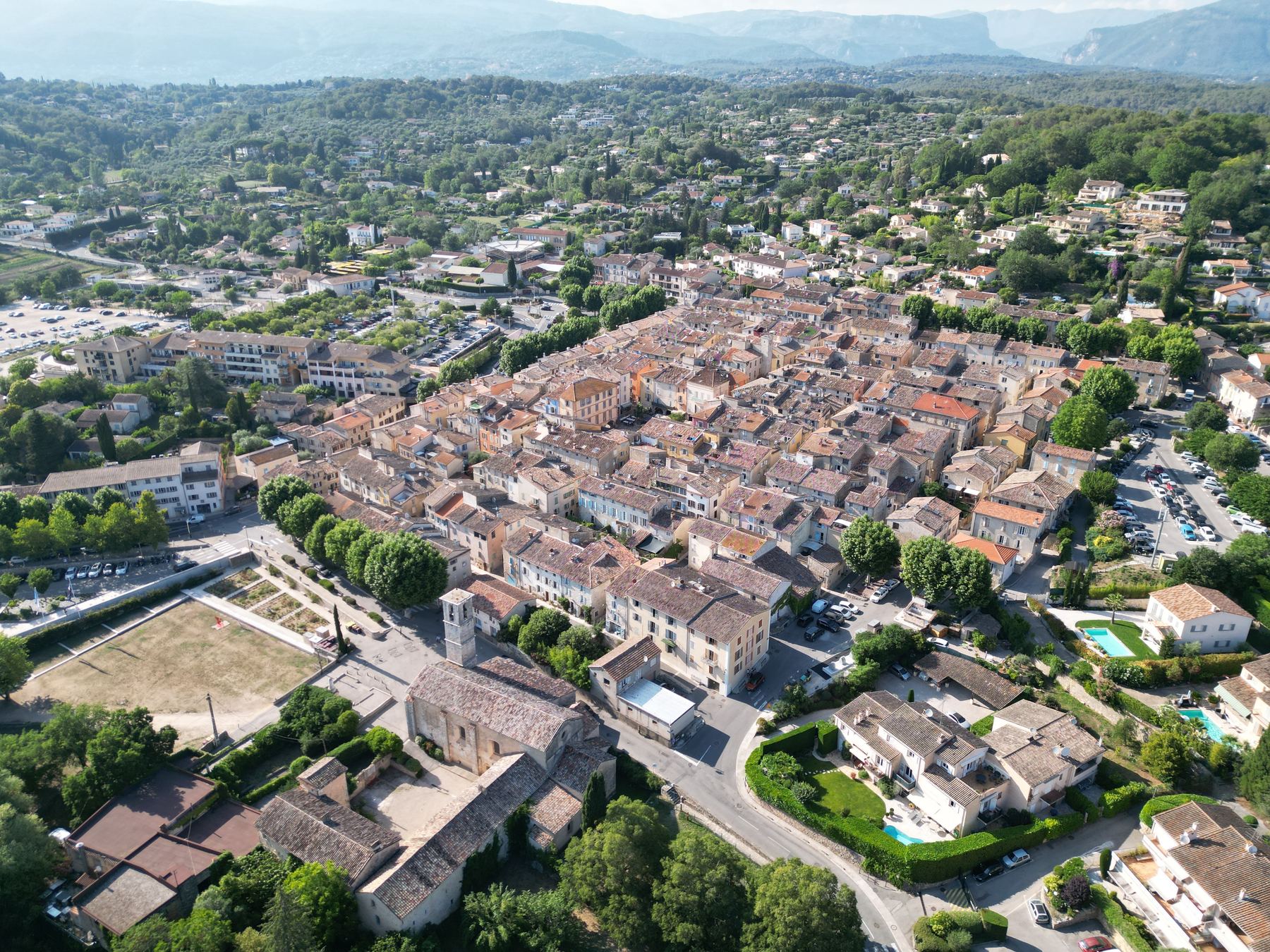 Valbonne's old village from the air, its streets laid out in a grid