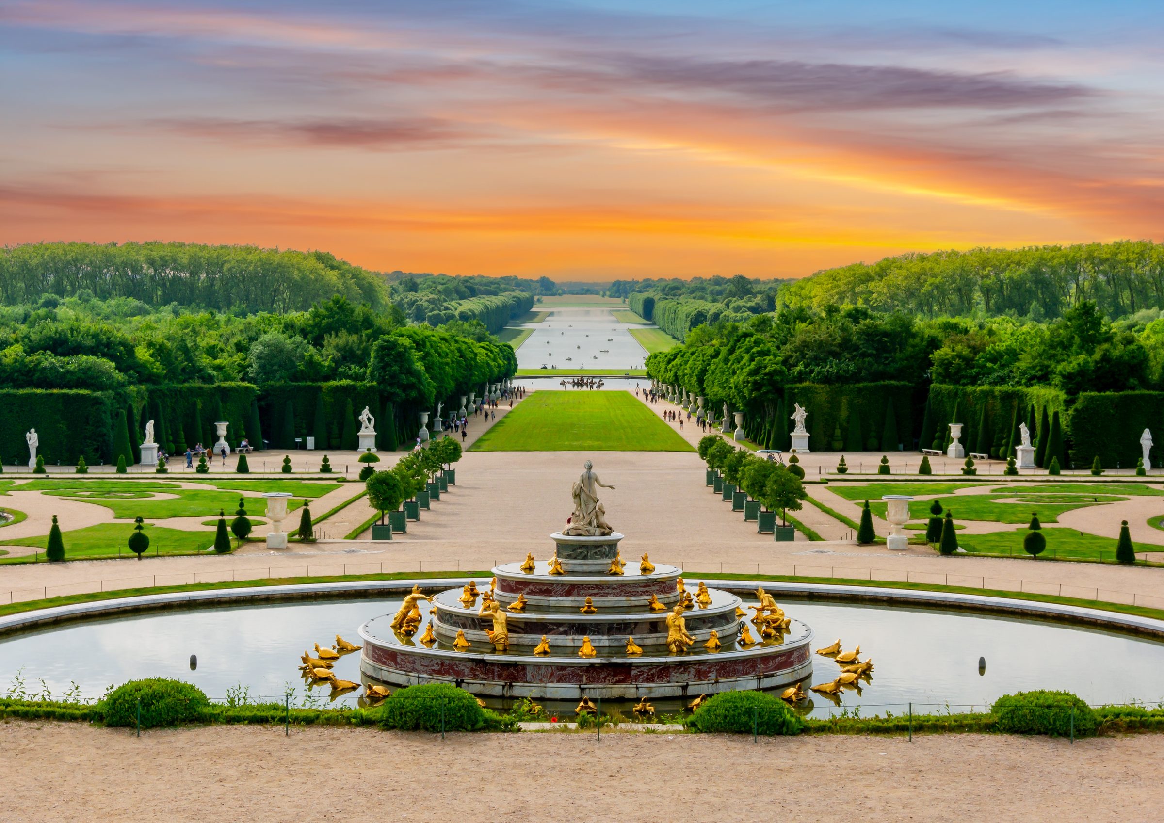 The Latona Fountain and the park of Versailles at sunset