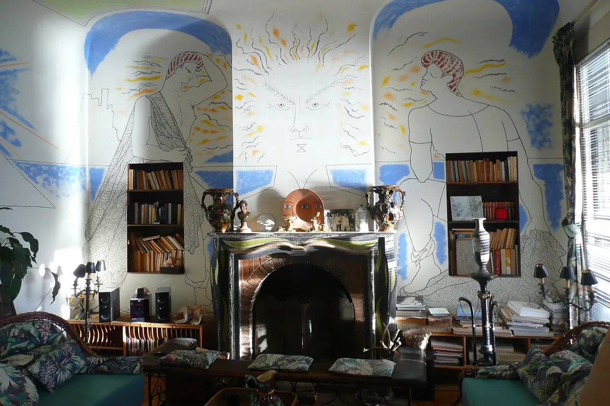 Interior of Villa Santo Sospir in Saint-Jean-Cap-Ferrat, its walls drawn with Jean Cocteau's murals