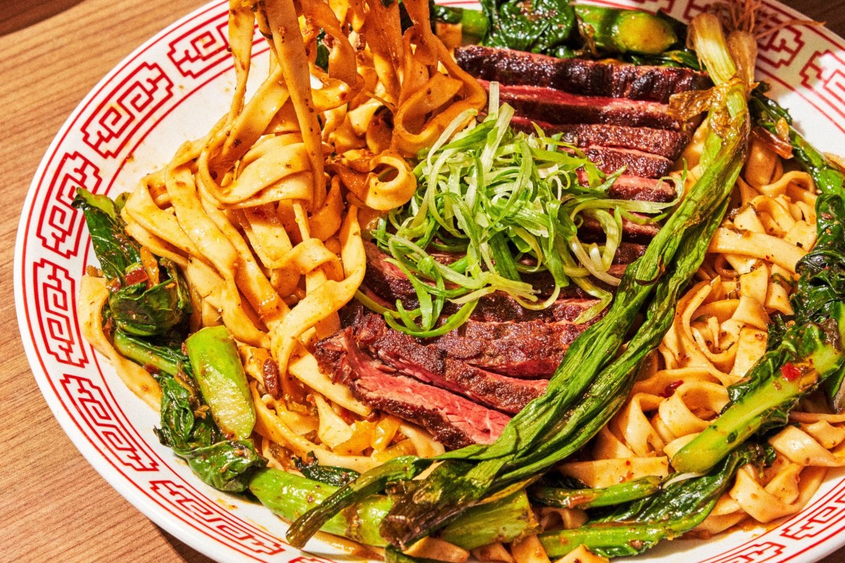 Plate of hand-pulled noodles with sliced steak, scallions and charred greens on patterned dish