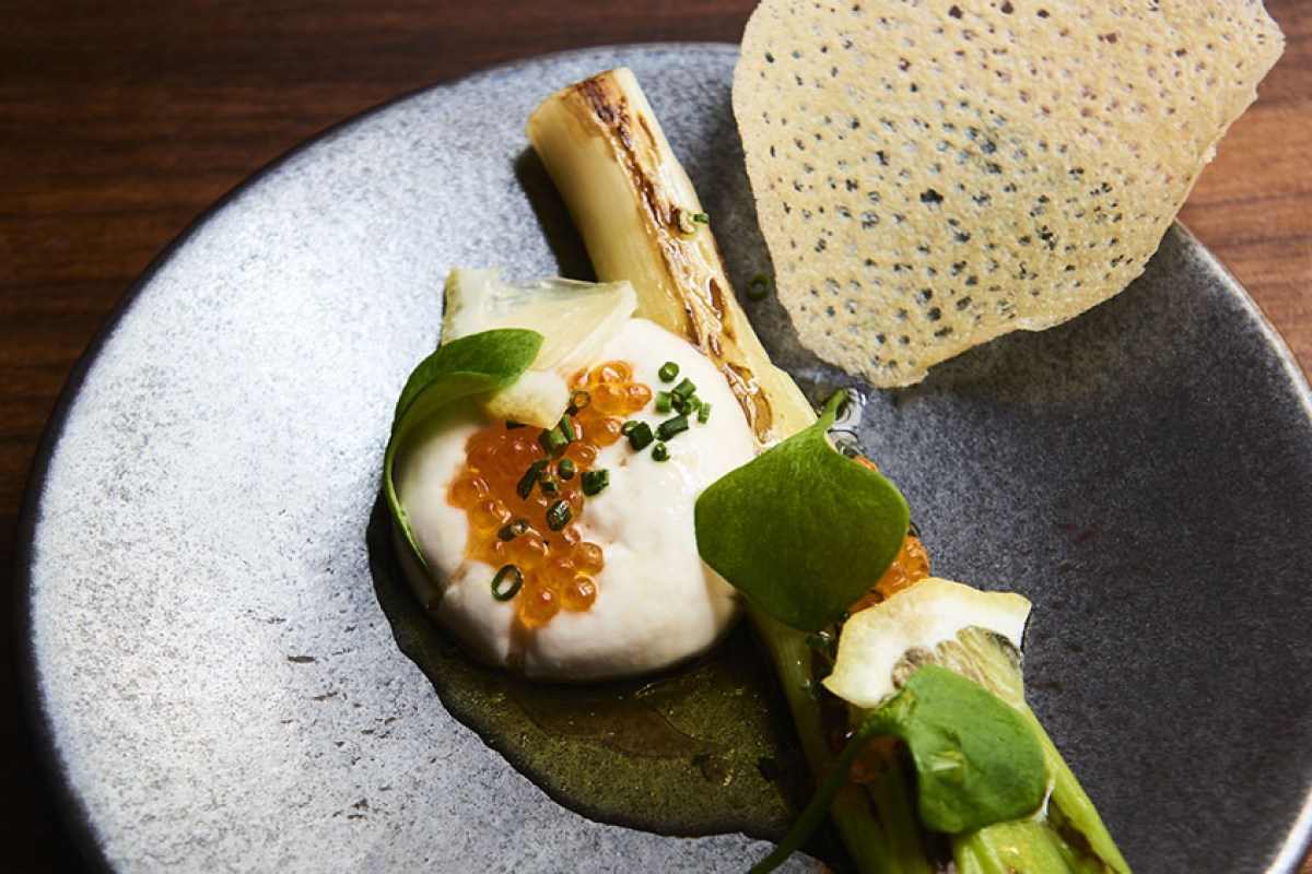 Plated dish with seared scallop, caviar, herbs and a crisp wafer on a dark ceramic plate