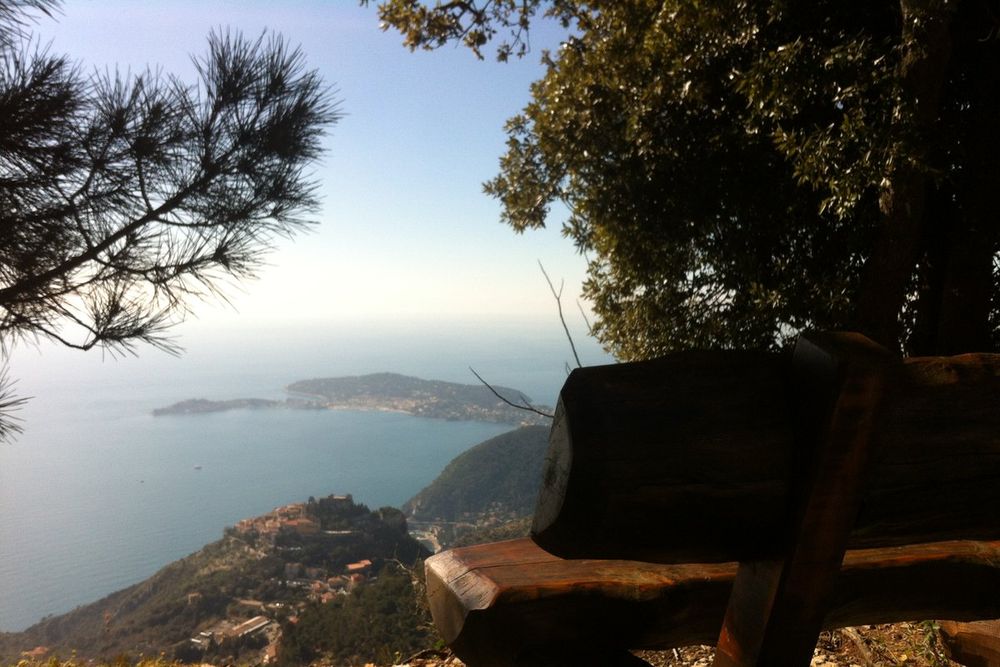 A wooden bench under pines at the Fort de la Revère, looking down on Èze and Cap Ferrat