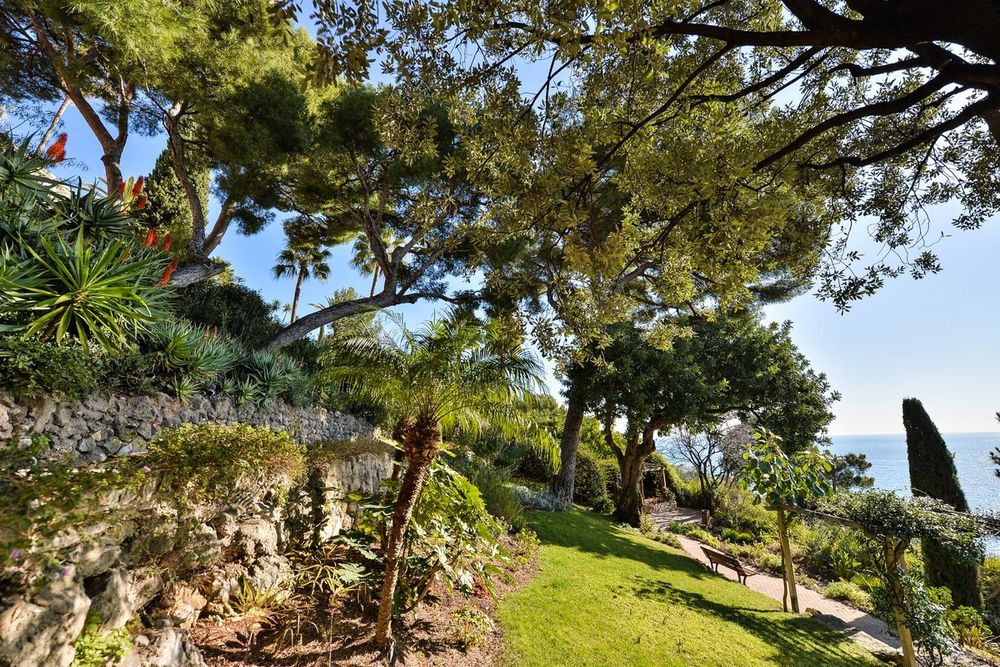 Mediterranean trees, agaves and lawns in the seaside Parc Sacha Guitry, Cap-d'Ail