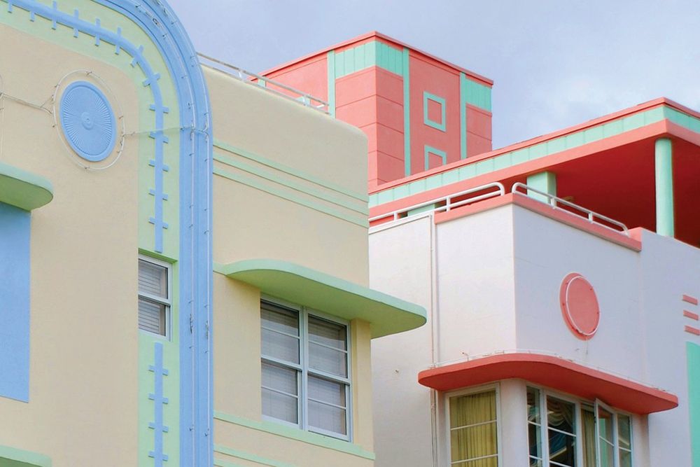 Pastel Art Deco facades with curved 'eyebrows' and porthole windows in the Miami Beach historic district