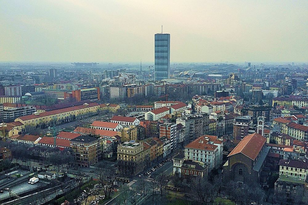 View over Milan's rooftops towards the Pirelli tower from the top of the Torre Branca