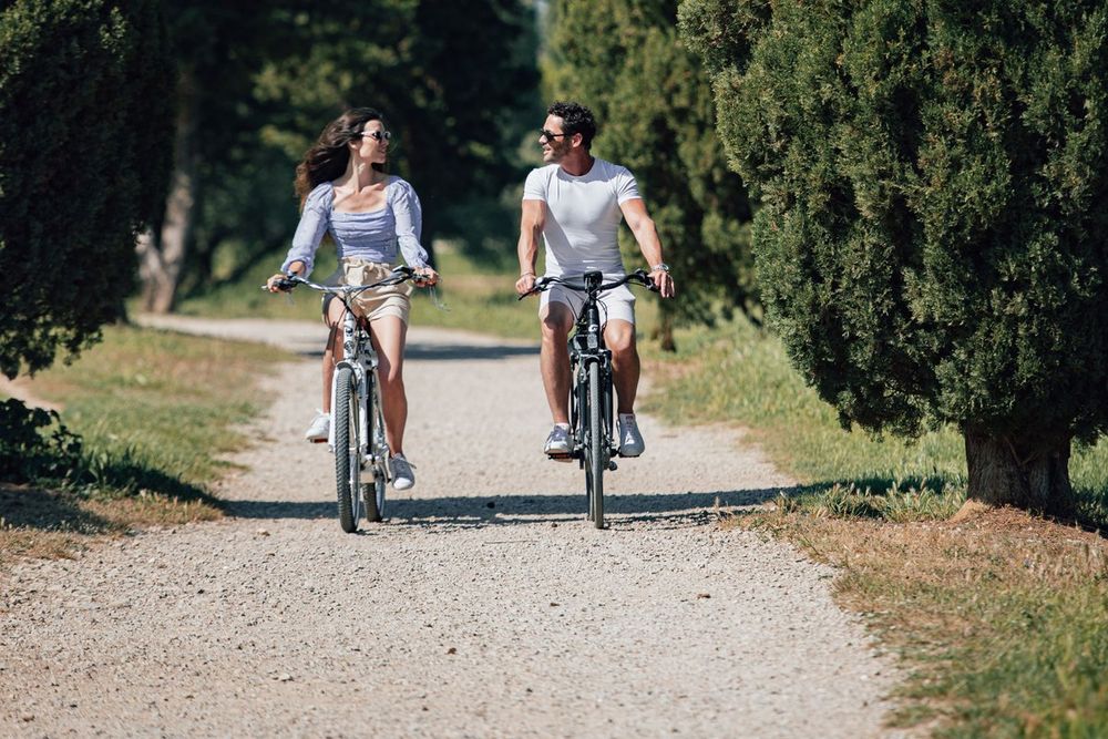 Two cyclists on a shaded track between tall pines in the Valmasque park
