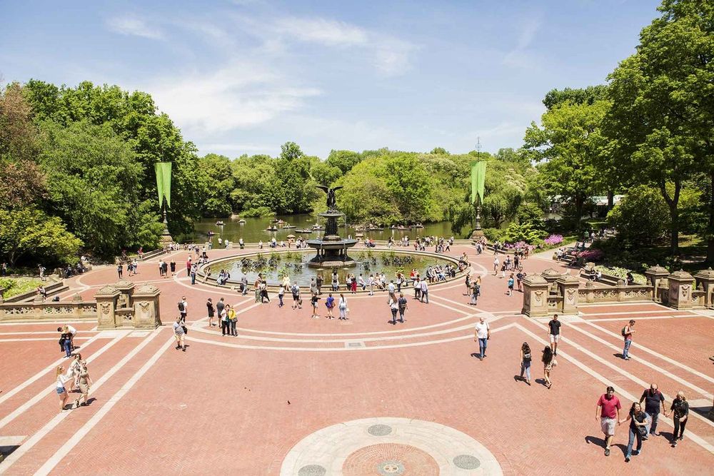 Bethesda Terrace and Fountain in Central Park seen from the stairs