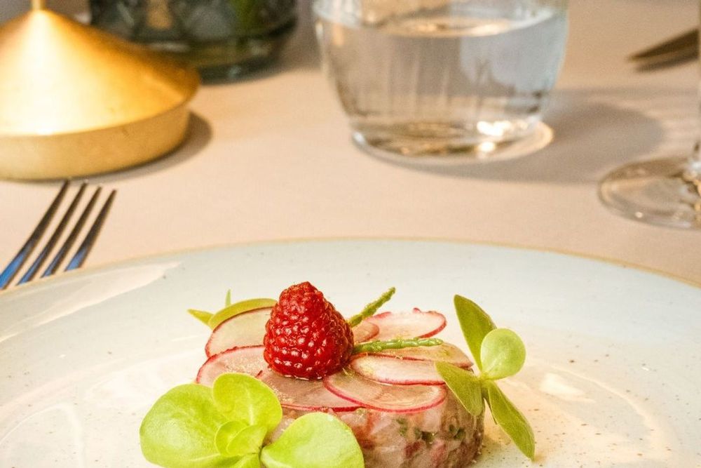 A tartare starter with radish and a raspberry at La Rotonde, the brasserie of the Negresco