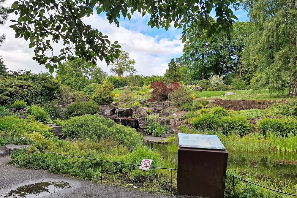 The rock garden with a small waterfall and pond in Oslo's Botanical Garden at Tøyen