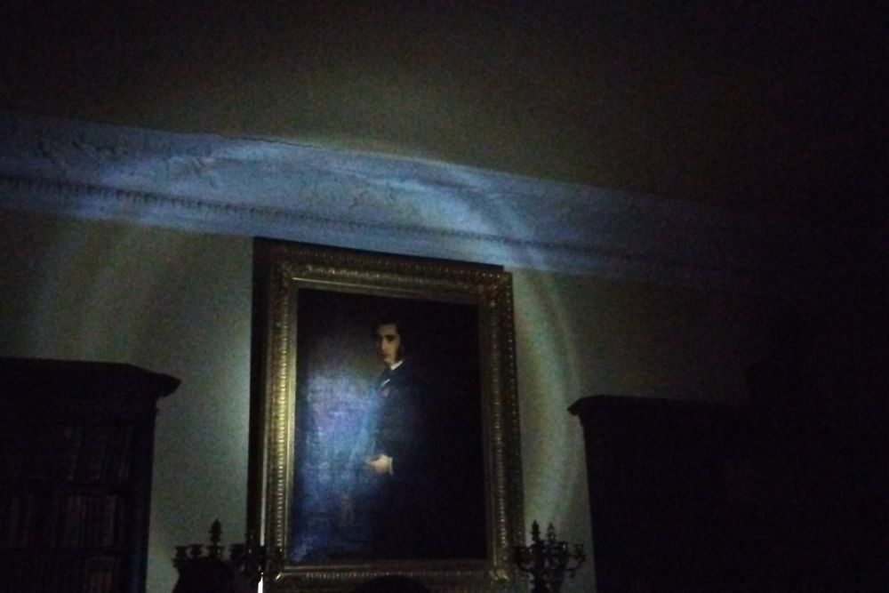 A torch beam lighting an old portrait in a darkened room of the Château de la Moutte
