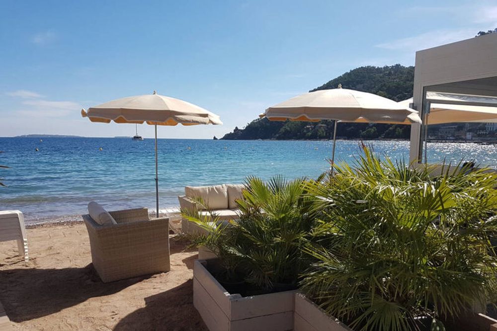 Parasols and palms on the terrace of Les Frères de la Baie, above the beach and the blue bay of Théoule