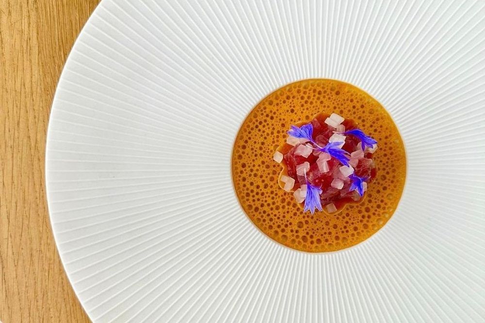 A plated dish in an orange sauce scattered with flowers at La Table du 11, Versailles